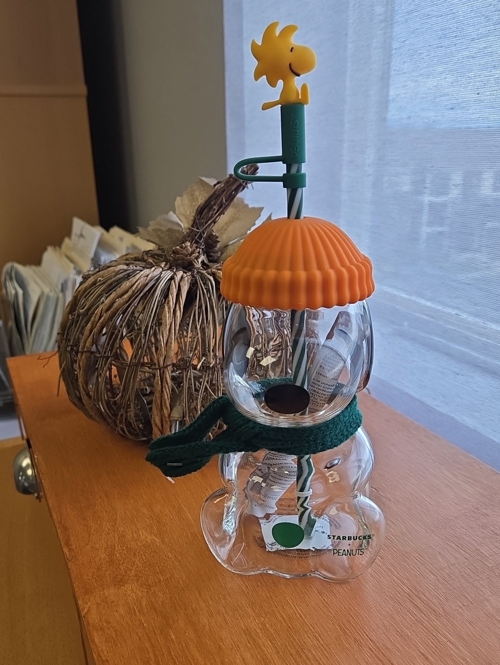 Starbucks Orange-Top Snoopy Glass and Woodstock Straw Topper Green Scarf Accent
